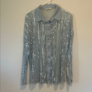 Silver Sequin Button-Up Shirt